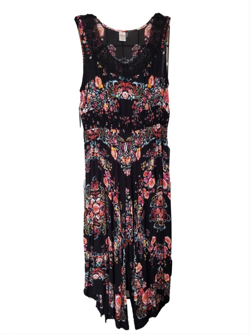 Bila Black Floral Handkerchief Hem Maxi Dress Crochet Neck XL